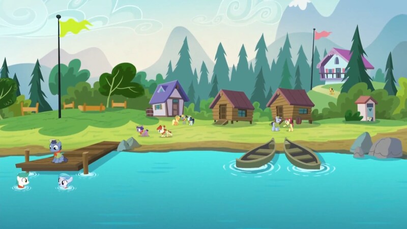 Size: 1920x1080 | Tagged: safe, derpibooru import, screencap, applejack, coloratura, lavandula, nature walk, paige (character), russell, shady blues, soft ice, summer joy, trailhead, unnamed character, unnamed pony, wild card, pony, the mane attraction, cabin, camp friendship, canoe, female, filly, outhouse, swimming