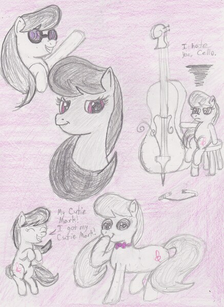 Size: 2329x3197 | Tagged: accessory swap, artist:darkknightwolf2011, bow (instrument), broken, cello, derpibooru import, female, filly, implied vinyl scratch, musical instrument, octavia melody, safe, sketch, sketch dump, solo, stool, traditional art, vinyl's glasses, younger