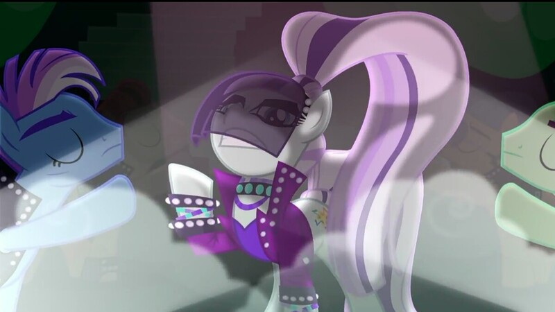 Size: 1200x675 | Tagged: background dancers, coloratura, countess coloratura, derpibooru import, fog, limelight, new wave (character), safe, screencap, spectrum shades, stage, the mane attraction, turbo bass