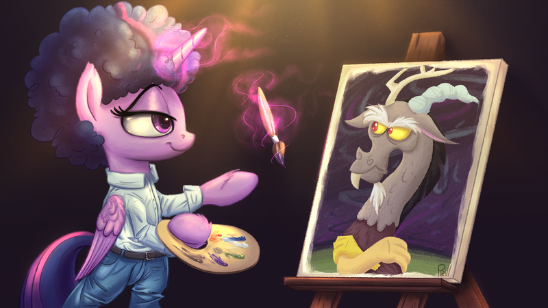 Size: 1920x1080 | Tagged: safe, artist:pirill, derpibooru import, discord, twilight sparkle, twilight sparkle (alicorn), alicorn, pony, what about discord?, afro, belt, bipedal, bob ross, canvas, clothes, easel, eye contact, female, fluffy, frown, glare, hoof hold, levitation, lidded eyes, looking at each other, magic, mare, painting, pants, reference, role reversal, simple background, smiling, smirk, smug, telekinesis, the tables have turned, unamused