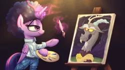 Size: 1920x1080 | Tagged: safe, artist:pirill, derpibooru import, discord, twilight sparkle, twilight sparkle (alicorn), alicorn, pony, what about discord?, afro, belt, bipedal, bob ross, canvas, clothes, easel, eye contact, female, fluffy, frown, glare, hoof hold, levitation, lidded eyes, looking at each other, magic, mare, painting, pants, reference, role reversal, simple background, smiling, smirk, smug, telekinesis, the tables have turned, unamused