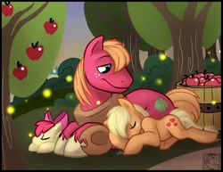 Size: 1000x772 | Tagged: safe, artist:sciggles, derpibooru import, apple bloom, applejack, big macintosh, earth pony, firefly (insect), insect, pony, apple, apple siblings, apple sisters, brother and sister, food, male, prone, siblings, sisters, sleeping, smiling, stallion, tree, twilight (astronomy)