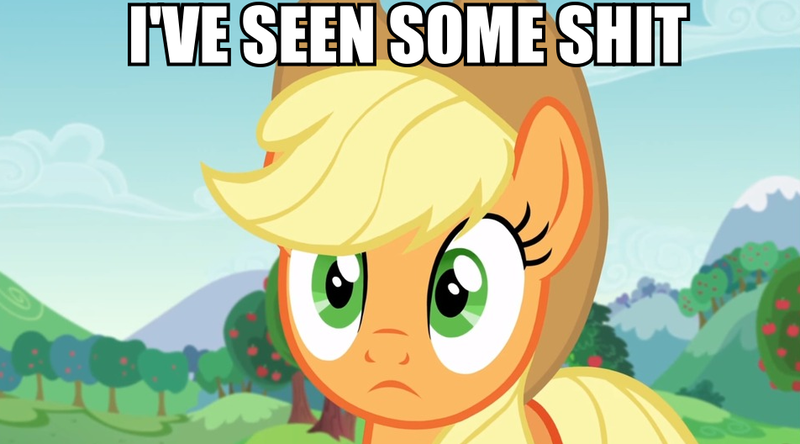 Size: 952x528 | Tagged: applejack, caption, derpibooru import, image macro, i've seen some shit, meme, reaction image, safe, screencap, text, the mane attraction, vulgar