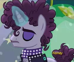 Size: 1270x1079 | Tagged: safe, derpibooru import, screencap, prance (character), undertone, ponified, pony, unicorn, the mane attraction, background pony, chest hair, clothes, collar, discovery family logo, eyes closed, facial hair, glowing horn, horn, jewelry, magic, male, moustache, necklace, prince (musician), solo, stallion, the spectacle, unicorn magic, vest