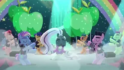 Size: 1600x900 | Tagged: safe, derpibooru import, screencap, coloratura, disco fever, limelight, new wave (character), smooth move, spectrum shades, turbo bass, earth pony, pony, the mane attraction, background dancers, background pony, backup dancers, countess coloratura, female, male, mare, stage, stallion