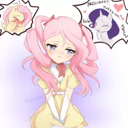 Size: 949x949 | Tagged: safe, artist:ichigochichi, derpibooru import, fluttershy, rarity, human, pony, ..., :|, adorkable, alternate hairstyle, blushing, bowtie, bust, clothes, cute, diabetes, dialogue, digital art, dork, embarrassed, exclamation point, eyes closed, fabulous, female, heart, humanized, ichigochichi is trying to murder us, looking away, makeover, open mouth, pigtails, precious, self ponidox, shyabetes, simple background, smiling, sweat, twintails, white background