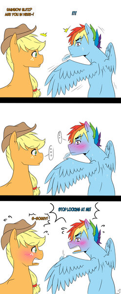 Size: 1280x3094 | Tagged: safe, artist:marima15, derpibooru import, applejack, rainbow dash, appleblitz (straight), appledash, awkward, blushing, comic, embarrassed, feather, female, grooming, half r63 shipping, lesbian, male, mouth hold, preening, rainbow blitz, rule 63, shipping, spread wings, straight, wings, yelling