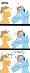 Size: 1280x3094 | Tagged: safe, artist:marima15, derpibooru import, applejack, rainbow dash, appleblitz (straight), appledash, awkward, blushing, comic, embarrassed, feather, female, grooming, half r63 shipping, lesbian, male, mouth hold, preening, rainbow blitz, rule 63, shipping, spread wings, straight, wings, yelling