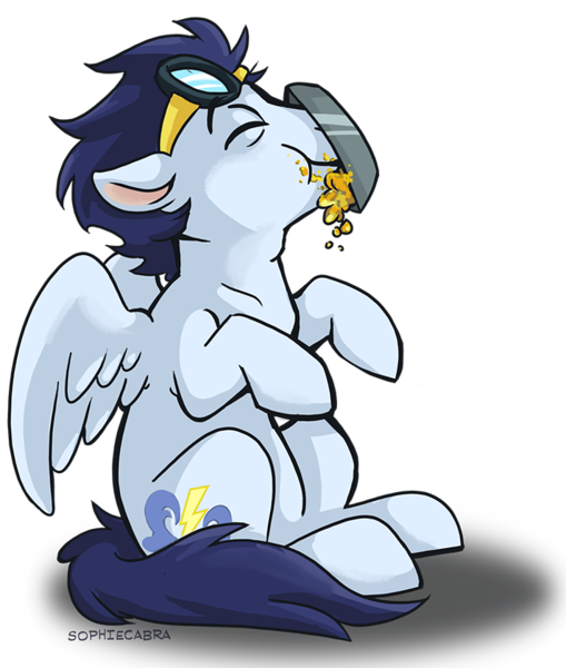 Size: 712x840 | Tagged: safe, artist:spainfischer, derpibooru import, soarin', pony, backwards cutie mark, cute, eyes closed, food, goggles, messy eating, pie, sitting, soarinbetes, solo, that pony sure does love pies