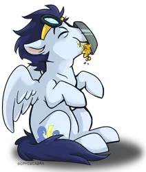 Size: 712x840 | Tagged: safe, artist:spainfischer, derpibooru import, soarin', pony, backwards cutie mark, cute, eyes closed, food, goggles, messy eating, pie, sitting, soarinbetes, solo, that pony sure does love pies