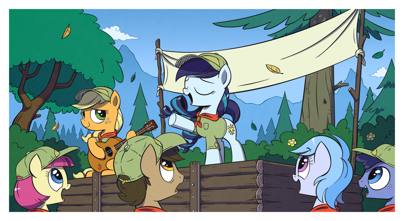 Size: 2500x1367 | Tagged: safe, artist:wandrevieira1994, derpibooru import, applejack, coloratura, paige (character), shady blues, the mane attraction, acoustic guitar, camp friendship, eyes closed, female, filly, guitar, i can't believe it's not idw, musical instrument, open mouth, rara, scene interpretation, singing, younger