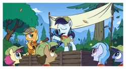 Size: 2500x1367 | Tagged: safe, artist:wandrevieira1994, derpibooru import, applejack, coloratura, paige (character), shady blues, the mane attraction, acoustic guitar, camp friendship, eyes closed, female, filly, guitar, i can't believe it's not idw, musical instrument, open mouth, rara, scene interpretation, singing, younger