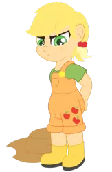 Size: 722x1106 | Tagged: age regression, applejack, applejack's hat, artist:the-crusader-network, clothes, cowboy hat, cute, derpibooru import, diaper, hat, human, humanized, overalls, safe, solo