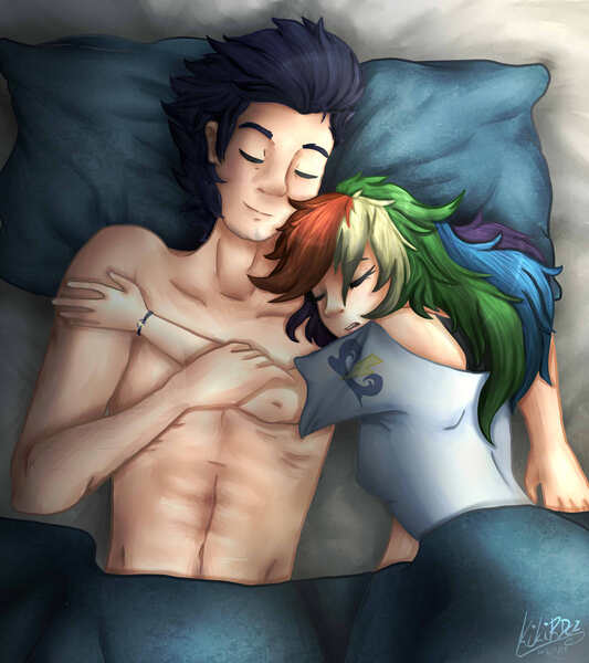 Size: 1600x1800 | Tagged: safe, artist:kikirdcz, derpibooru import, rainbow dash, soarin', human, aftersex, bed, bedroom, clothes swap, cuddling, eyes closed, female, humanized, male, morning after, shipping, sleeping, snuggling, soarindash, straight