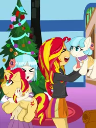 Size: 1024x1365 | Tagged: safe, artist:thespiritshift, derpibooru import, coco pommel, sunset shimmer, pony, equestria girls, ><, christmas, christmas tree, cocobetes, cute, doll, emoticon face, equestria girls-ified, eyes closed, holiday, plushie, pony dolls, shimmerbetes, toy, tree, xd