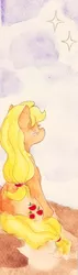 Size: 534x1891 | Tagged: applejack, applejack's parents, artist:chiuuchiuu, derpibooru import, hatless, missing accessory, rear view, safe, sitting, solo, stars, traditional art, watercolor painting