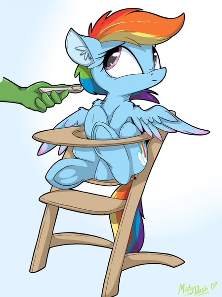 Size: 674x900 | Tagged: dead source, safe, artist:mistydash, derpibooru import, rainbow dash, oc, oc:anon, human, pegasus, pony, cute, dashabetes, do not want, feeding, female, floppy ears, frog (hoof), frown, highchair, looking away, looking up, no, sad, signature, spoon, spread wings, underhoof, wings, worried