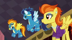 Size: 640x360 | Tagged: safe, derpibooru import, screencap, soarin', spitfire, stormy flare, pegasus, pony, rarity investigates, clothes, eye contact, female, flying, looking at each other, male, mare, stallion, uniform, wonderbolts uniform