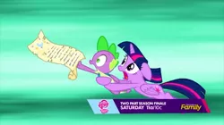 Size: 1024x575 | Tagged: safe, derpibooru import, screencap, spike, twilight sparkle, twilight sparkle (alicorn), alicorn, dragon, pony, the cutie re-mark, backpack, discovery family logo, female, mare