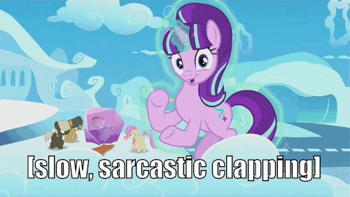 Size: 500x281 | Tagged: safe, derpibooru import, edit, edited screencap, screencap, dumbbell, fluttershy, hoops, starlight glimmer, pony, the cutie re-mark, 8^y, animated, caption, clapping, colt, descriptive noise, faic, female, filly, glowing horn, horn, image macro, levitation, looking at you, magic, male, mare, meme, sarcasm, self-levitation, starlight says bravo, telekinesis, text