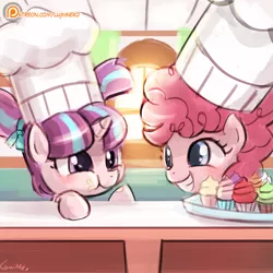 Size: 750x750 | Tagged: safe, artist:lumineko, derpibooru import, pinkie pie, starlight glimmer, earth pony, pony, unicorn, the cutie re-mark, :t, chef's hat, cupcake, cute, diapinkes, eating, female, filly, food, glimmerbetes, grin, hat, hnnng, lumineko is trying to murder us, messy, patreon, patreon logo, pigtails, puffy cheeks, scene interpretation, smiling, squee