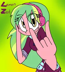 Size: 1237x1367 | Tagged: safe, artist:shonatabeata, derpibooru import, lemon zest, equestria girls, friendship games, devil horn (gesture), solo