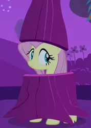 Size: 304x426 | Tagged: safe, derpibooru import, screencap, fluttershy, pegasus, pony, hurricane fluttershy, :|, clothes, costume, cropped, disguise, female, fluttertree, hat, mare, outfit catalog, solo, tree, tree costume