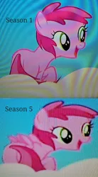 Size: 567x1024 | Tagged: safe, derpibooru import, cloudwalker, cupid (character), ruby pinch, earth pony, pegasus, pony, season 1, season 5, the cutie mark chronicles, the cutie re-mark, blank flank, cloud, comparison, cute, female, filly, foal, hooves, low quality, on a cloud, open mouth, pinchybetes, race swap, ruby pinches, standing on cloud, text, wings