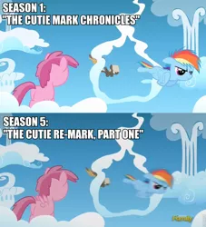 Size: 870x960 | Tagged: safe, derpibooru import, edit, edited screencap, screencap, cloudwalker, cupid (character), dumbbell, hoops, rainbow dash, earth pony, pegasus, pony, the cutie mark chronicles, the cutie re-mark, blank flank, butt, cloud, colt, comparison, discovery family logo, error, female, filly, floppy ears, flying, foal, hooves, male, on a cloud, plot, race swap, spread wings, standing on cloud, text, wings