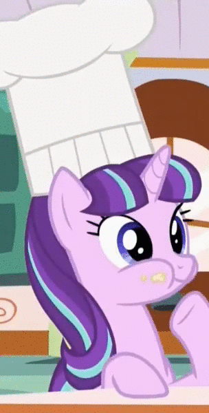Size: 304x600 | Tagged: safe, derpibooru import, screencap, starlight glimmer, pony, unicorn, the cutie re-mark, animated, aweeg*, chef's hat, chewing, cupcake frosting, cute, eating, female, friends are always there for you, glimmerbetes, hat, loop, mare, munching, nom, puffy cheeks, raised hoof, smiling, solo