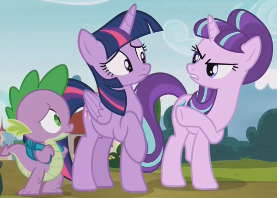 Size: 559x399 | Tagged: safe, derpibooru import, screencap, spike, starlight glimmer, twilight sparkle, twilight sparkle (alicorn), alicorn, dragon, pony, unicorn, the cutie re-mark, angry, backpack, female, mare, raised hoof, s5 starlight
