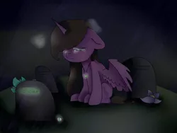 Size: 2000x1500 | Tagged: safe, artist:clefficia, derpibooru import, oc, alicorn, pony, venusaur, alicorn oc, crying, grave, horn, immortality blues, pokémon, wings