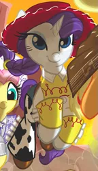 Size: 317x552 | Tagged: applejack, bedroom eyes, clothes, cowgirl, cowgirl outfit, dale evans, derpibooru import, fluttershy, idw, jessie (toy story), outfit catalog, rarity, safe, smiling, solo focus, spoiler:comic, the man with no name, toy story