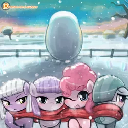 Size: 750x750 | Tagged: safe, artist:lumineko, derpibooru import, limestone pie, marble pie, maud pie, pinkie pie, earth pony, pony, clothes, cute, diapinkes, female, filly, holder's boulder, limabetes, looking at you, lumineko is trying to murder us, marblebetes, mare, maudabetes, patreon, patreon logo, pie sisters, scarf, shared clothing, shared scarf, siblings, sisters, snow, snowfall, winter