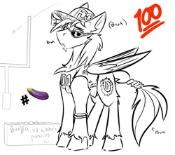 Size: 1280x1129 | Tagged: suggestive, artist:ralek, derpibooru import, oc, oc:umami stale, unofficial characters only, pegasus, pony, bruh, cap, clothes, cool, douchebag, eggplant, emoji, explicit source, food, hashtag, hat, jersey, monochrome, panties, price tag, snapback, sunglasses, tail wrap, underwear, unshorn fetlocks, 🍆, 💯