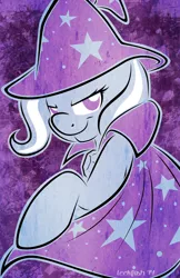 Size: 1242x1920 | Tagged: safe, artist:abbystarling, deleted from derpibooru, derpibooru import, trixie, pony, unicorn, cape, clothes, female, grunge, mare, poster, solo, trixie's cape
