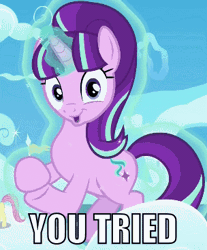 Size: 304x367 | Tagged: safe, derpibooru import, edit, edited screencap, screencap, fluttershy, starlight glimmer, pony, unicorn, the cutie re-mark, 8^y, animated, caption, clapping, cute, female, filly, floating, gif, glimmerbetes, glowing horn, horn, image macro, levitation, looking at you, magic, mare, meme, reaction image, s5 starlight, sarcasm, self-levitation, smiling, starlight says bravo, telekinesis, text, you tried