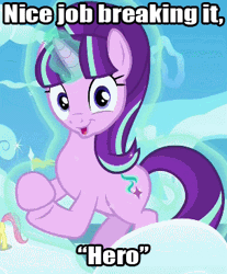 Size: 304x367 | Tagged: safe, derpibooru import, edit, edited screencap, screencap, fluttershy, starlight glimmer, pony, the cutie re-mark, 8^y, animated, caption, clapping, female, filly, glados, glowing horn, horn, image macro, levitation, looking at you, magic, mare, meme, portal (valve), self-levitation, starlight says bravo, telekinesis, text, tv tropes