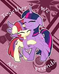 Size: 1890x2362 | Tagged: safe, artist:mercyantebellum, derpibooru import, moondancer, twilight sparkle, twilight sparkle (alicorn), alicorn, pony, duo, female, hug, mare