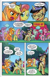 Size: 602x935 | Tagged: safe, artist:tonyfleecs, derpibooru import, idw, applejack, fluttershy, lyra heartstrings, nosey news, unnamed character, unnamed pony, pony, spoiler:comic, spoiler:comicff23, angry, quill (character), splendor woods