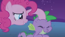 Size: 1366x768 | Tagged: derpibooru import, noogie, owl's well that ends well, pinkie pie, safe, screencap, spike, spikelove