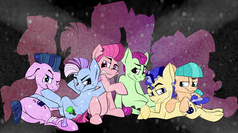Size: 3211x1800 | Tagged: safe, artist:allyclaw, deleted from derpibooru, derpibooru import, disco fever, limelight, new wave (character), smooth move, spectrum shades, turbo bass, earth pony, pony, the mane attraction, background dancers, glitter, group, lounging, male, stallion