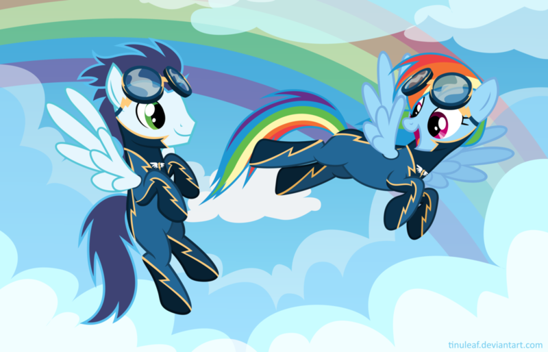 Size: 1024x658 | Tagged: safe, artist:tinuleaf, derpibooru import, rainbow dash, soarin', pony, alternate costumes, redesign, wonderbolts