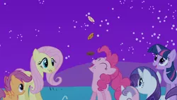 Size: 1366x768 | Tagged: cookie, derpibooru import, fluttershy, food, owl's well that ends well, pinkie pie, rarity, rarity looking at food, safe, scootaloo, screencap, sweetie belle, twilight sparkle