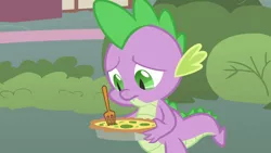 Size: 1366x768 | Tagged: derpibooru import, food, fork, owl's well that ends well, pastry, quiche, safe, screencap, solo, spike