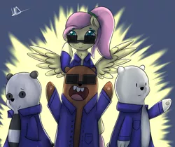 Size: 4467x3758 | Tagged: absurd resolution, artist:wolfy-pony, cartoon network, clothes, crossover, derpibooru import, fluttershy, grizzly, ice bear, jacket, open mouth, panda (we bare bears), safe, signature, smiling, spread wings, sunglasses, we bare bears, wings