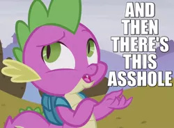 Size: 675x500 | Tagged: and then there's this asshole, backpack, caption, derpibooru import, dragon, edit, edited screencap, image macro, meme, open mouth, reaction image, safe, screencap, solo, spike, text, the cutie re-mark, vulgar