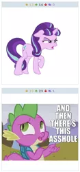 Size: 262x560 | Tagged: safe, derpibooru import, spike, starlight glimmer, dragon, unicorn, derpibooru, the cutie re-mark, and then there's this asshole, backpack, caption, image macro, juxtaposition, meme, meta, text, vulgar