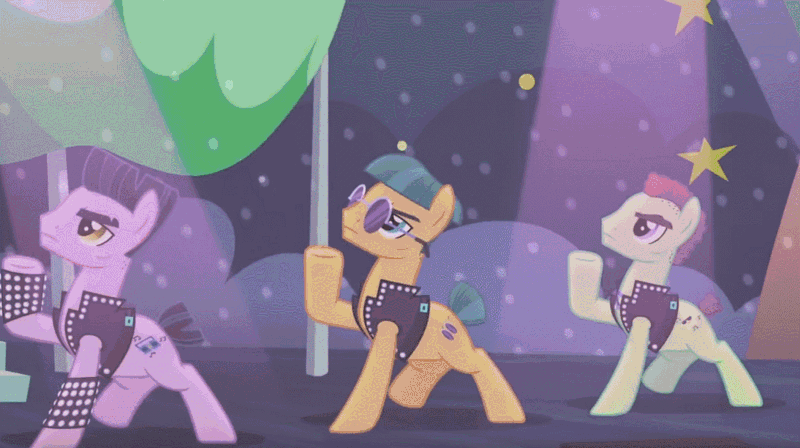 Size: 1094x612 | Tagged: safe, derpibooru import, screencap, disco fever, limelight, new wave (character), smooth move, spectrum shades, turbo bass, earth pony, pony, the mane attraction, animated, backup dancers, dancing, male, pelvic thrust, seizure warning, stallion
