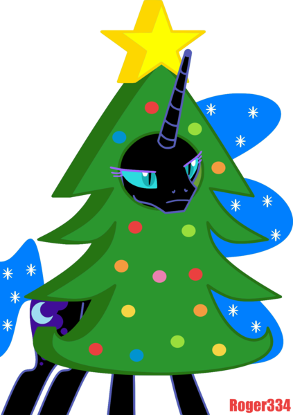 Size: 1191x1689 | Tagged: safe, artist:roger334, derpibooru import, nightmare moon, pony, christmas, christmas lights, christmas tree, ethereal mane, female, hearth's warming eve, holiday, inkscape, mare, parody, ponyscape, simple background, solo, starry mane, transparent background, tree, unamused, vector